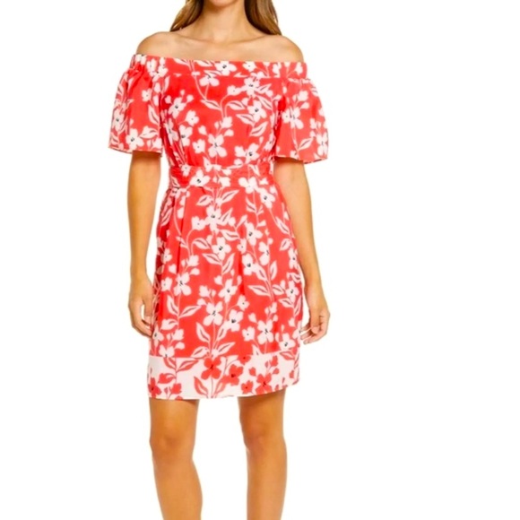 Eliza J Off The Shoulder Shift Dress In Coral White Floral Women's Size 2 - Picture 1 of 11